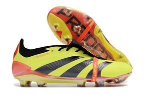 Chuteira Adidas Predator Elite Tongue FG - Amarela e Preta em destaque com design vibrante e tecnologia avançada.