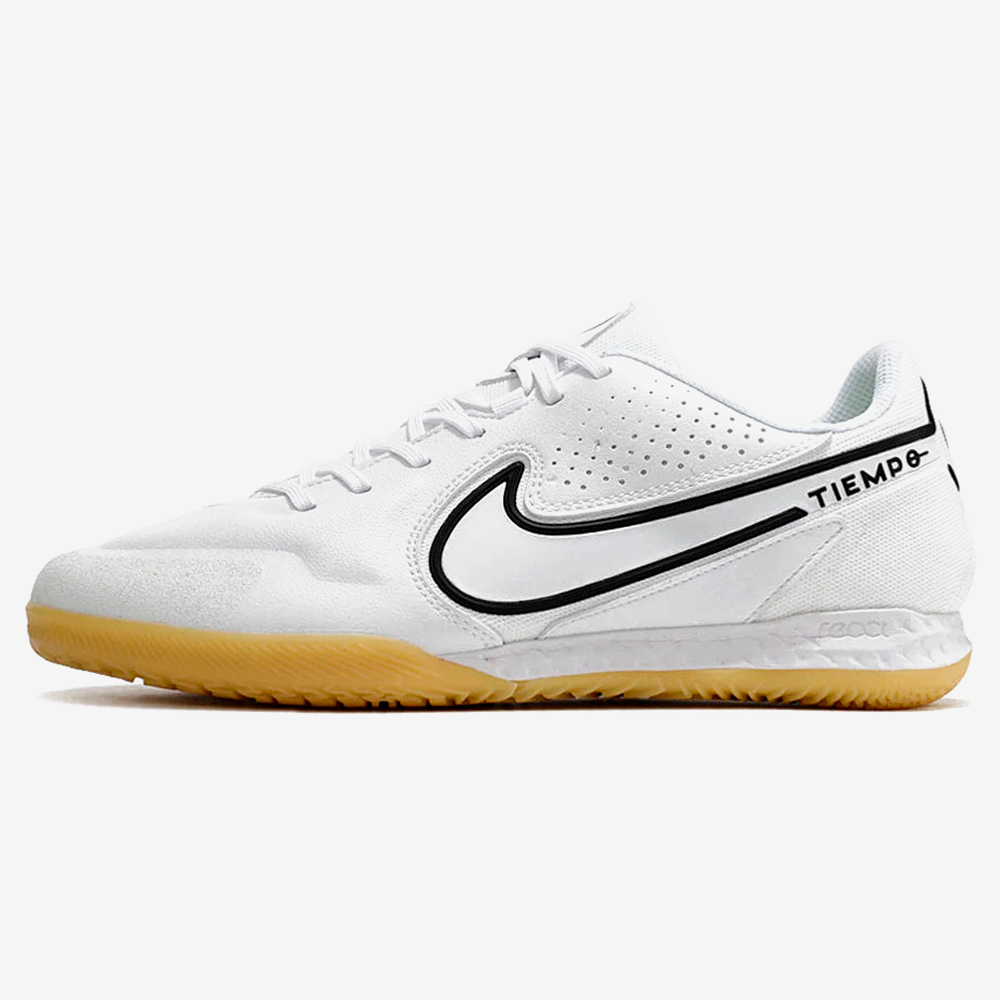 Chuteira Futsal Nike Tiempo Legend 9 Elite IC Branco com design em branco e detalhes em preto.