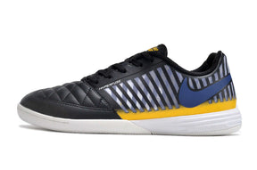 Chuteira Futsal Nike Lunar Gato IC - Preta, Azul e Dourada com design estiloso e alta performance para quadra.