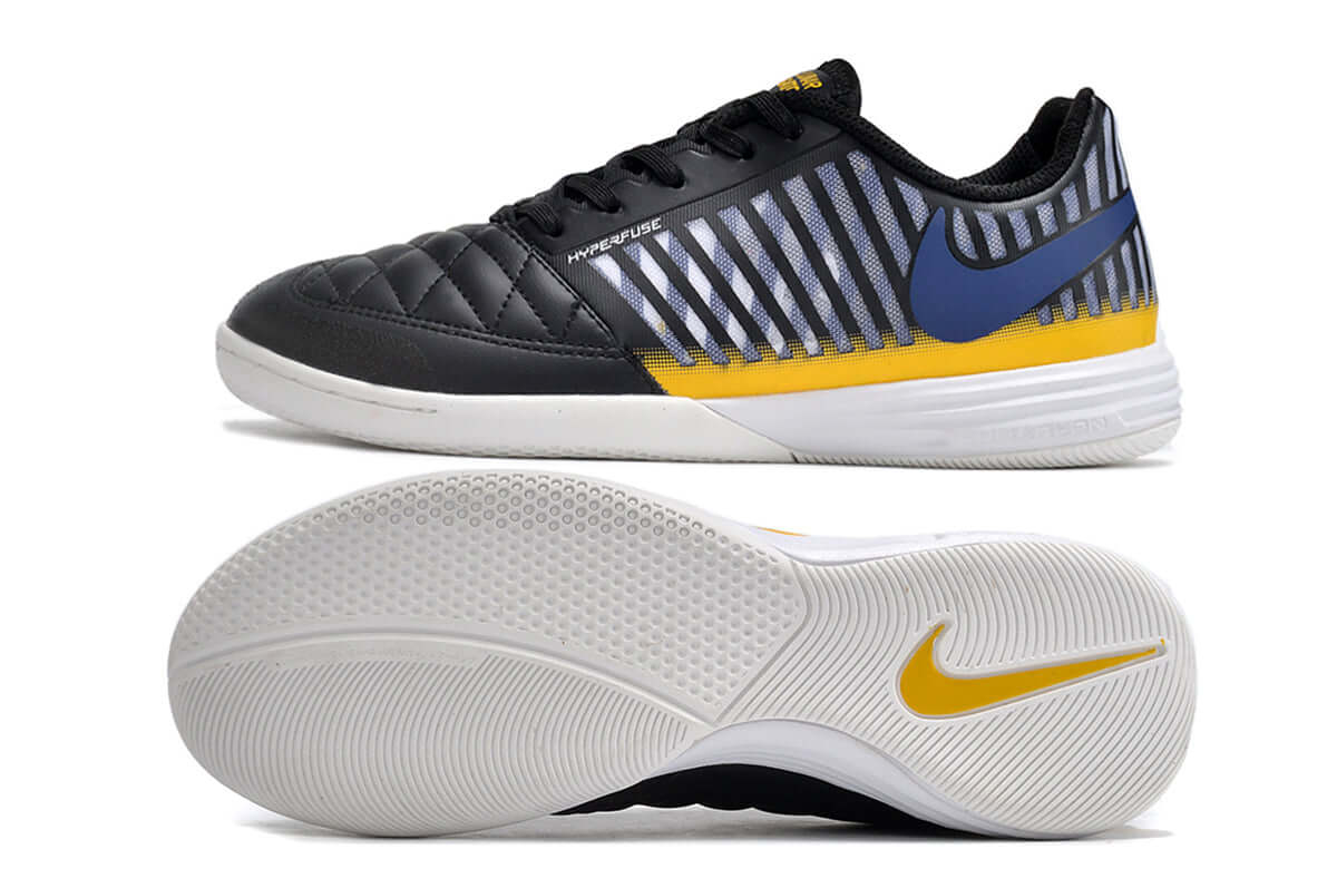 Chuteira Futsal Nike Lunar Gato IC - Preta, Azul e Dourada, design moderno e alta performance esportiva.