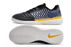 Chuteira Futsal Nike Lunar Gato IC - Preta, Azul e Dourada, design moderno e alta performance esportiva.