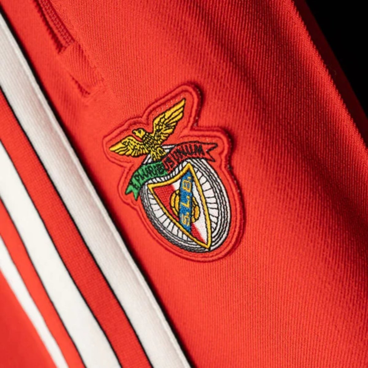 Emblema do time Benfica em um fato de treino vermelho com detalhes em branco.