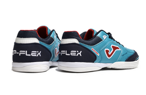 Chuteira de Futsal JOMA IC Verde e Vermelha, tênis de futsal com design azul e detalhes em vermelho.