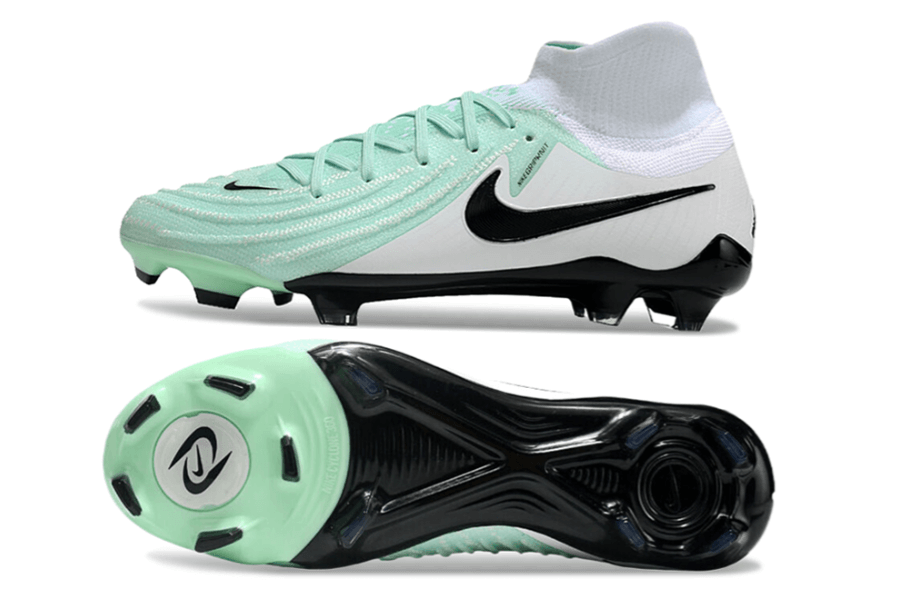 Chuteira Nike Phantom Luna Elite NU FG Branca, Verde e Preto mostrando lateral e sola.