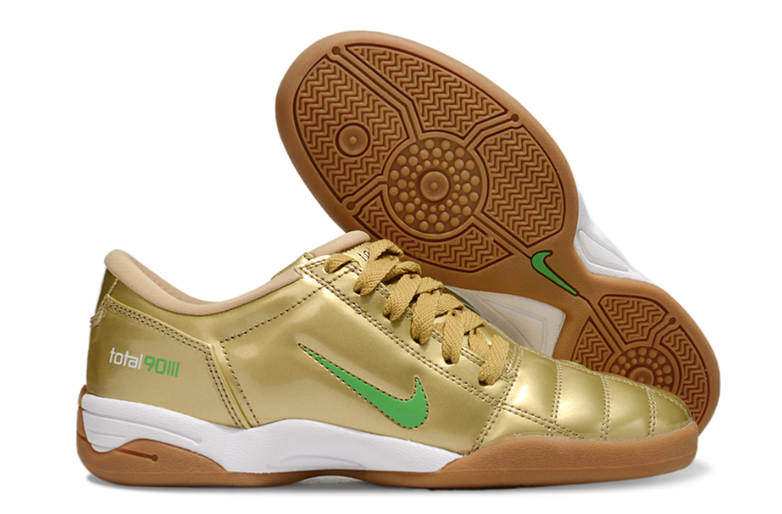 Chuteira Futsal Nike Total 90 IC Dourada e Verde vista lateral e superior com sola IC