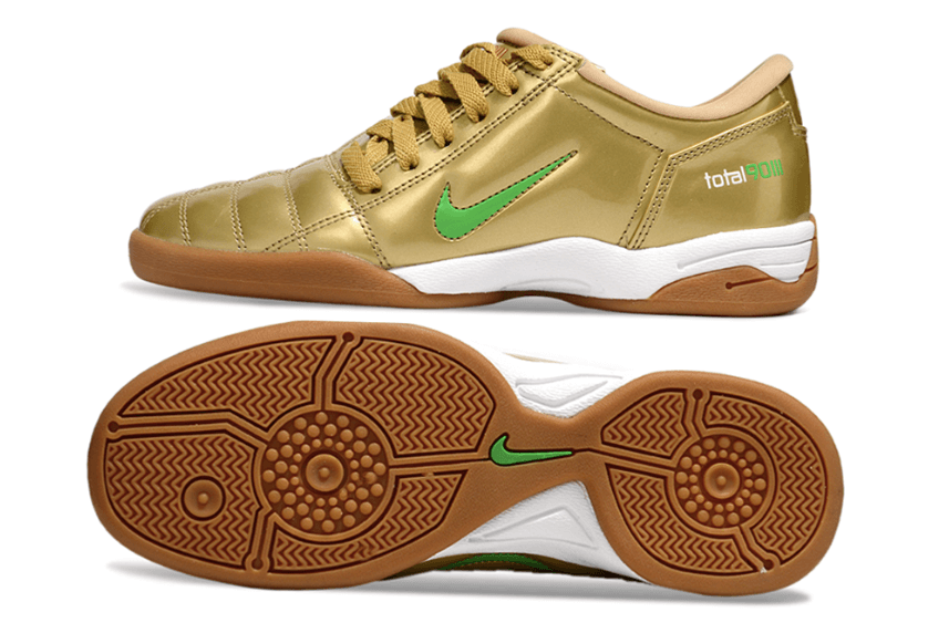 Chuteira Futsal Nike Total 90 IC Dourada e Verde vista lateral e inferior com detalhes em verde