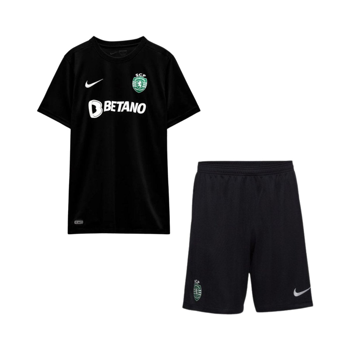 Conjunto Infantil - Sporting Quarto 23/24 com camisa e shorts pretos, estilo esportivo