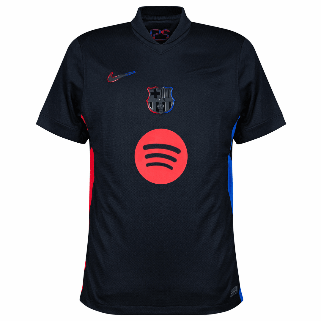 Camisa de futebol Barcelona away 24/25 com detalhes em vermelho e azul, patrocinada pela Nike e Spotify.