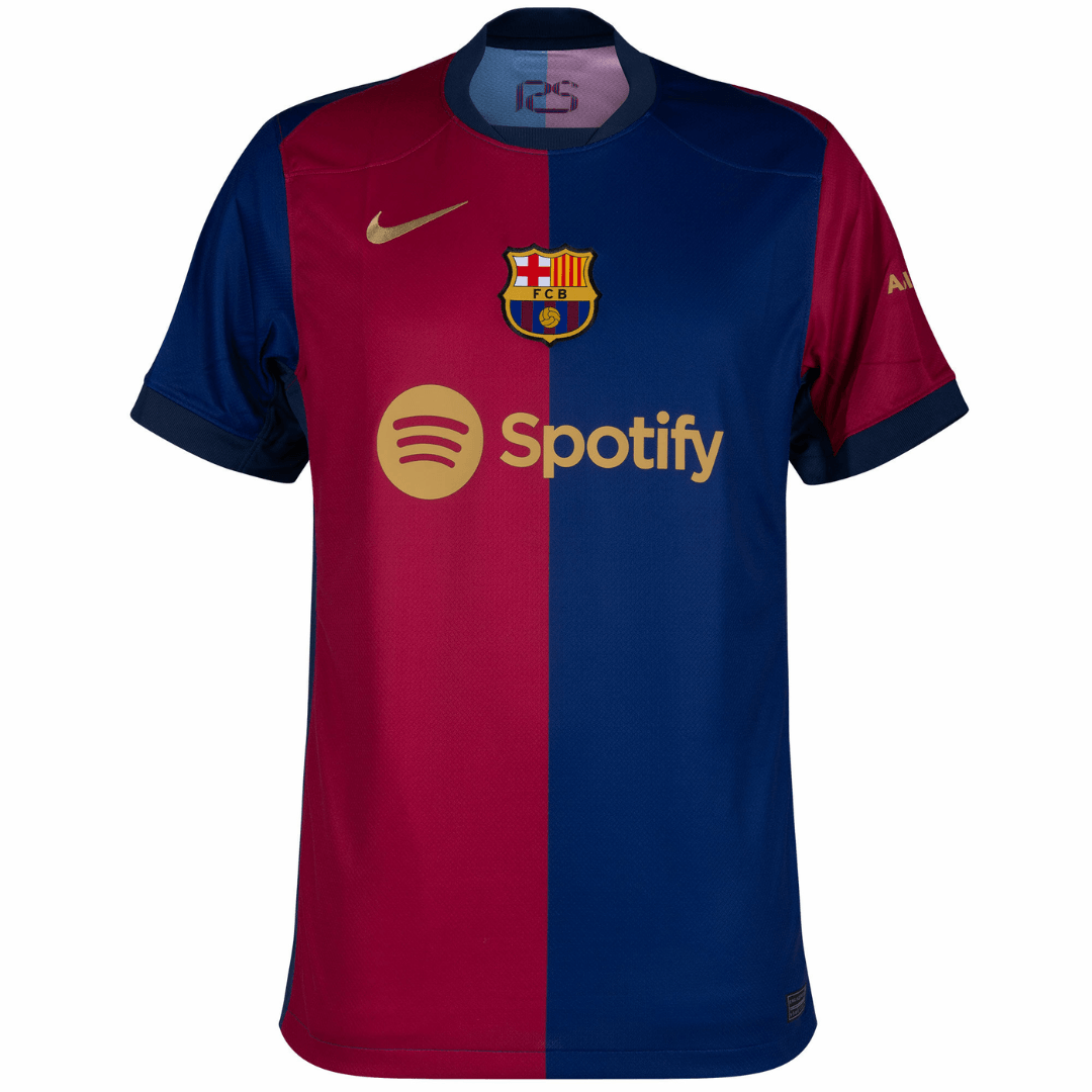 Camisa do Barcelona home 24/25 com as cores azul e grená, patrocinada pela Spotify.