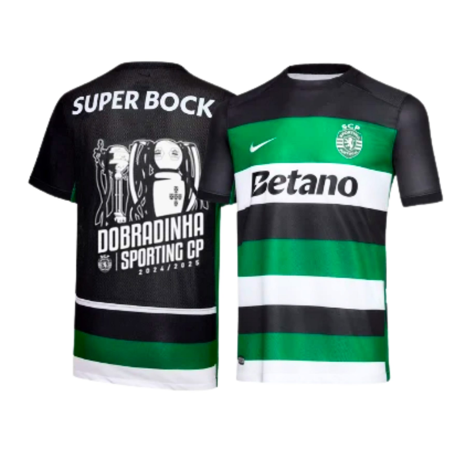 Camisola Sporting Dobradinha 2024/25 com design preto e verde, estampada com logos da Nike e Betano.