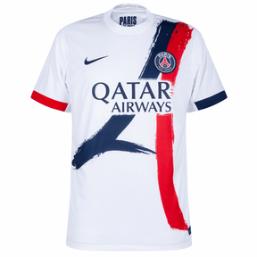 Camisa PSG away 24/25 Branco, modelo da OLYMPIC STORE, com detalhes em azul e vermelho.