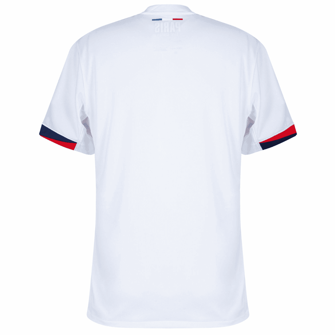 Camisola PSG away 24/25 Branco, vista traseira, detalhes em azul e vermelho, OLYMPIC STORE