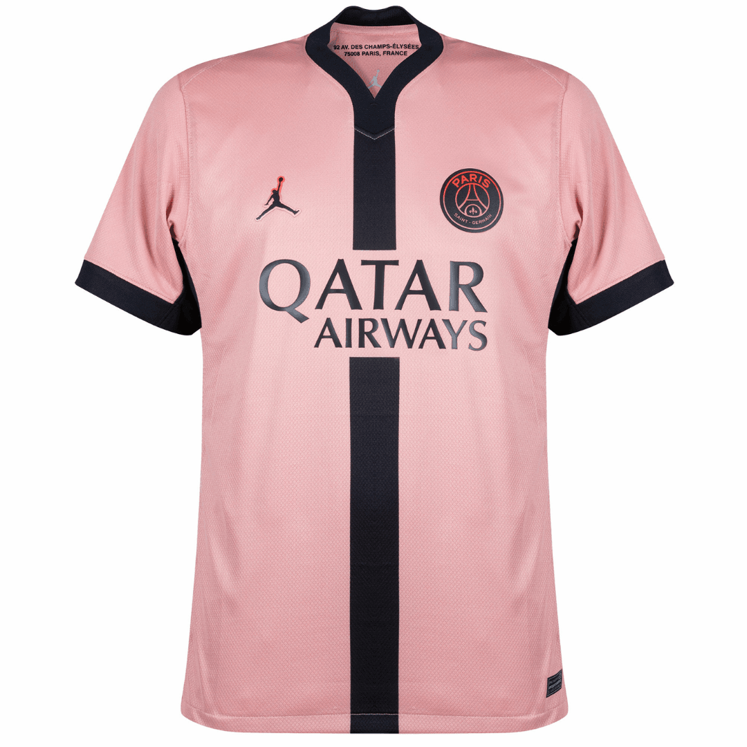 Camisa PSG third 24/25 rosa e preto com logo Qatar Airways e detalhes em preto.