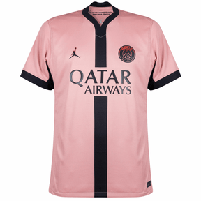 Camisa PSG third 24/25 rosa e preto com logo Qatar Airways e detalhes em preto.
