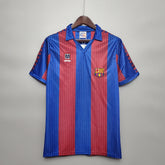 Camisa Barcelona Home 90/91 Retro, estilo listrado em azul e grená, ideal para colecionadores.