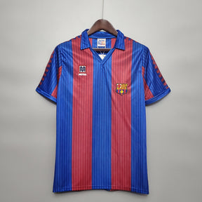 Camisa Barcelona Home 90/91 Retro, estilo listrado em azul e grená, ideal para colecionadores.