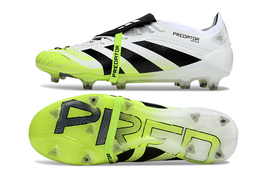 Chuteira Adidas Predator Elite Fold-Over Tongue FG - Branca, Verde e Preta com design moderno e inovador.