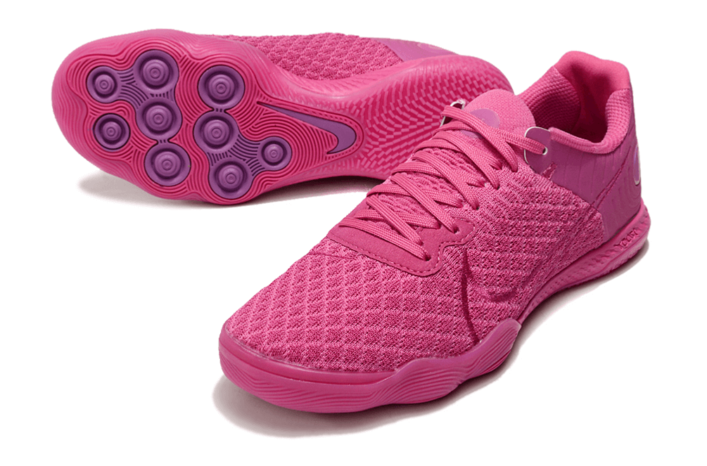 Chuteira Futsal Nike React Gato IC - Rosa vista lateral e inferior com solado IC em rosa.