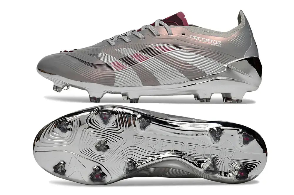 Adidas Predator Elite Bellingham FG - Prata, chuteira de futebol prata com detalhe lateral em cinza.
