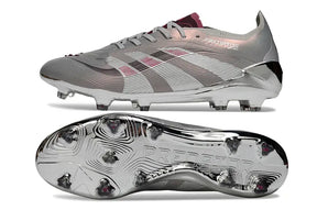Adidas Predator Elite Bellingham FG - Prata, chuteira de futebol prata com detalhe lateral em cinza.