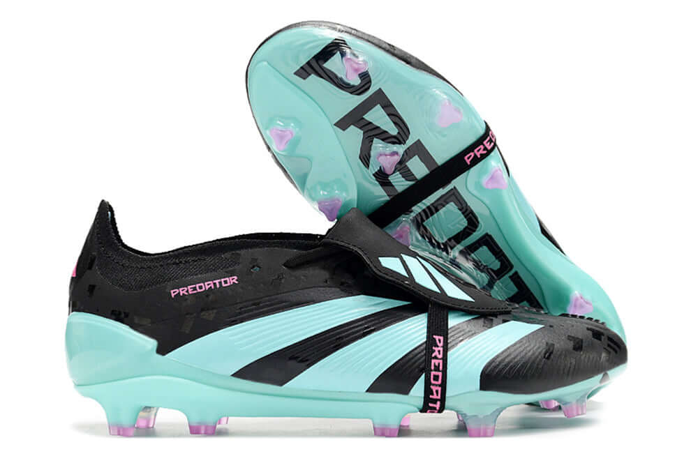 Chuteira Adidas Predator Elite Tongue FG - Preta e Ciano, design moderno e agressivo para futebol.