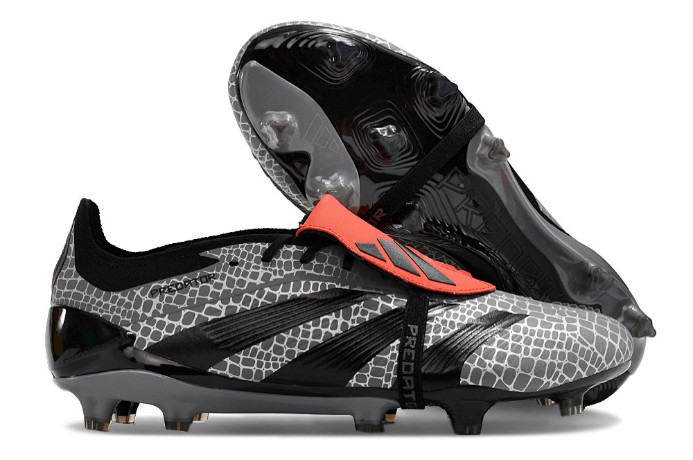 Chuteira Adidas Predator Elite Tongue FG - Preta e Cinza com design sofisticado e tecnologia de ponta para controle em campo.