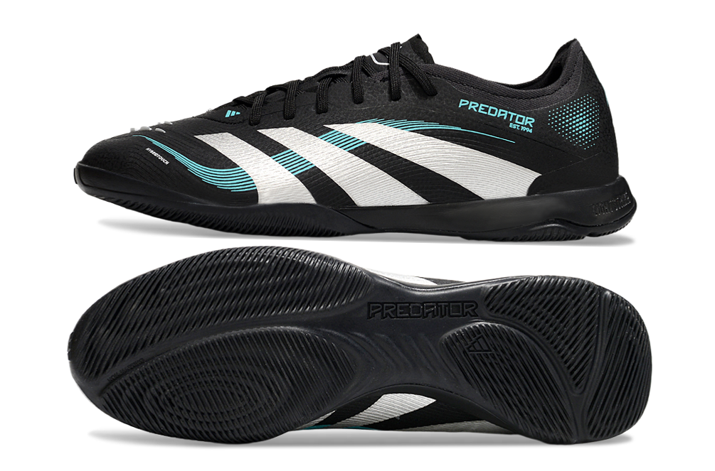 Chuteira Futsal Adidas Predator 24 Elite IC Preta e Branca em preto e branco com detalhes em azul