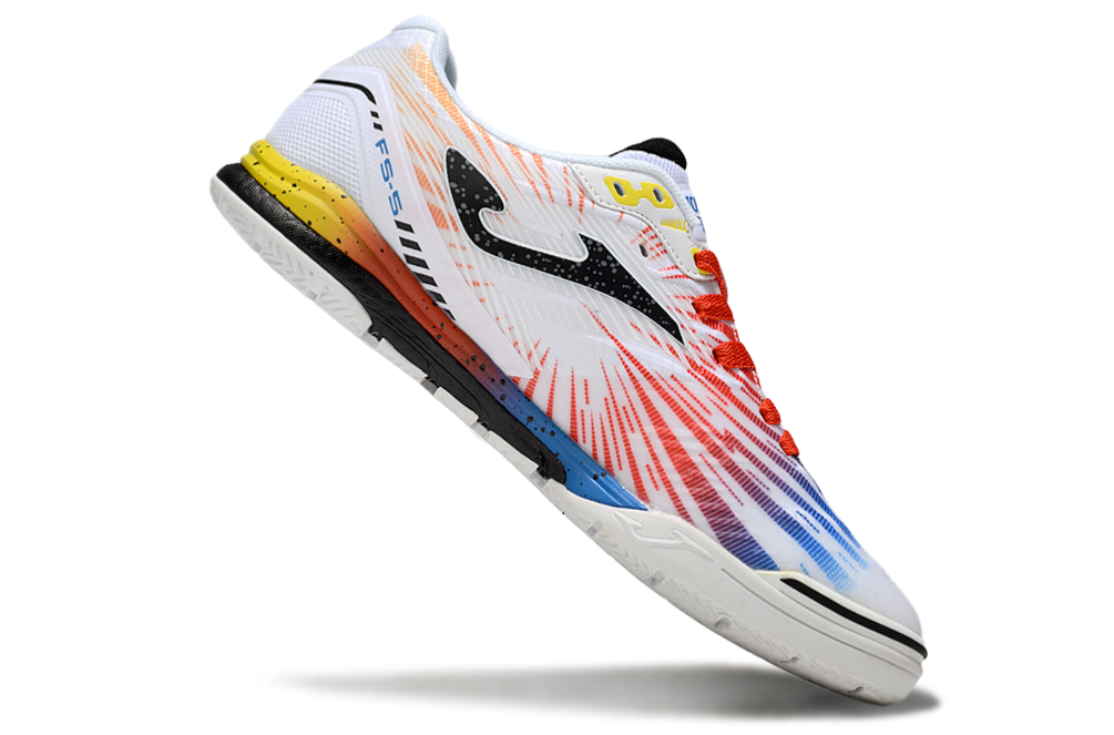 Chuteira Futsal Joma Regate Rebound IC Branca, Azul e Vermelha com design vibrante e moderno.