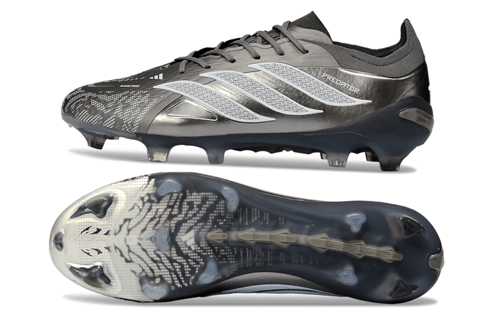 Chuteira Adidas Predator Elite FG 26 - "Finishers Steel" - Prateada em ângulo, mostrando design moderno e sola inovadora.