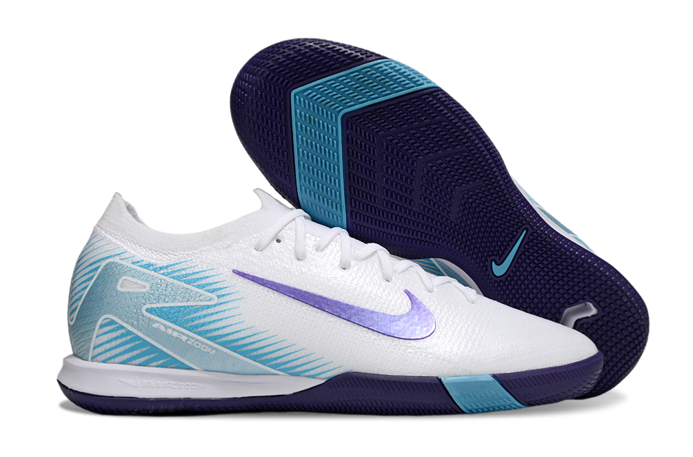 Chuteira Futsal Nike Mercurial Air Zoom Vapor 16 IC - Branca e Azul em destaque com detalhes em azul e roxo.