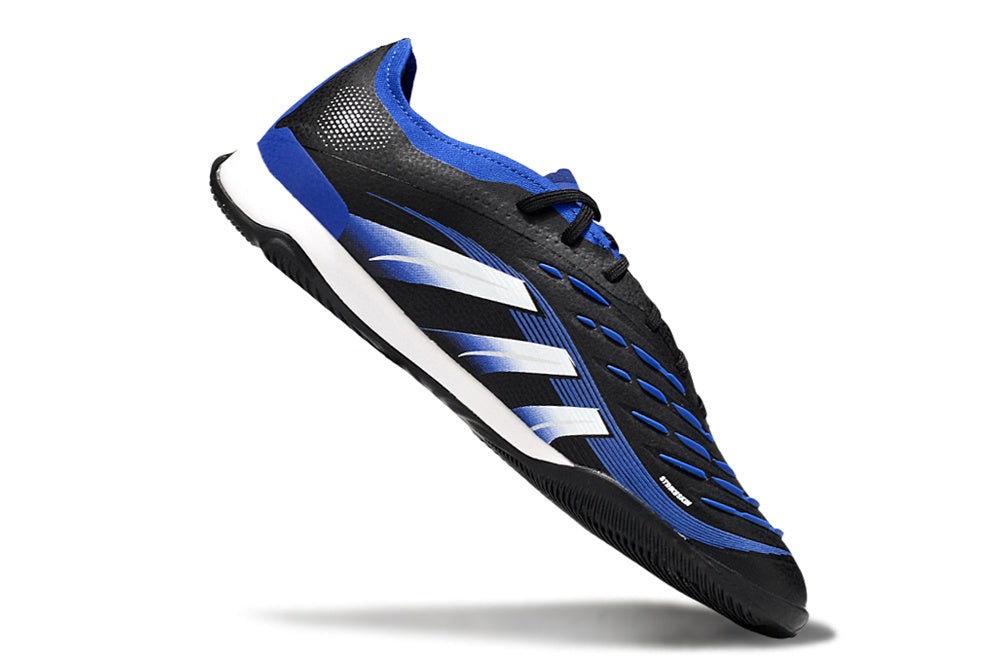 Chuteira Futsal Adidas Predator 24 Elite IC Preta e Azul em Ângulo Lateral