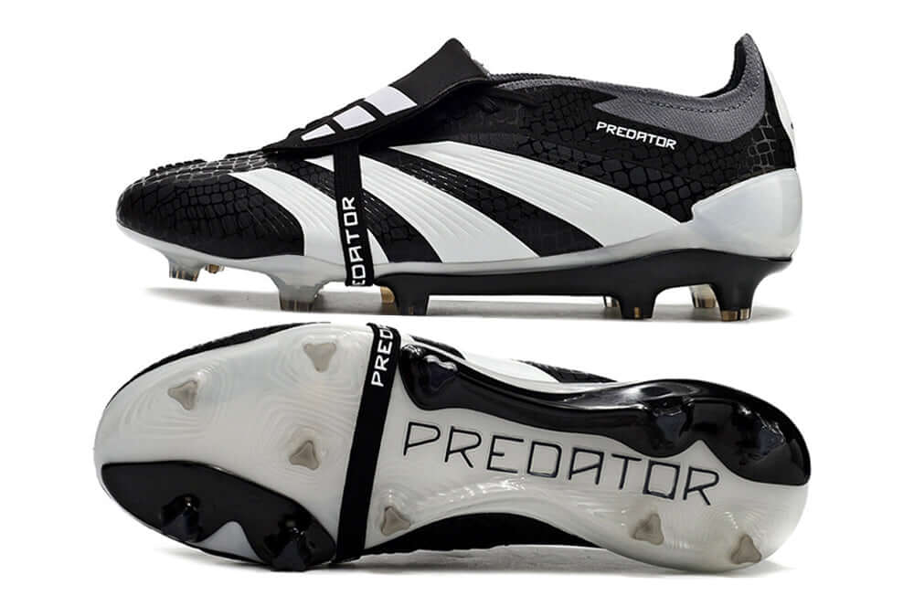 Chuteira Adidas Predator Elite Tongue FG - Preta e Branca com design inovador e tecnologia avançada para futebol.