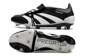 Chuteira Adidas Predator Elite Tongue FG - Preta e Branca com design inovador e tecnologia avançada para futebol.
