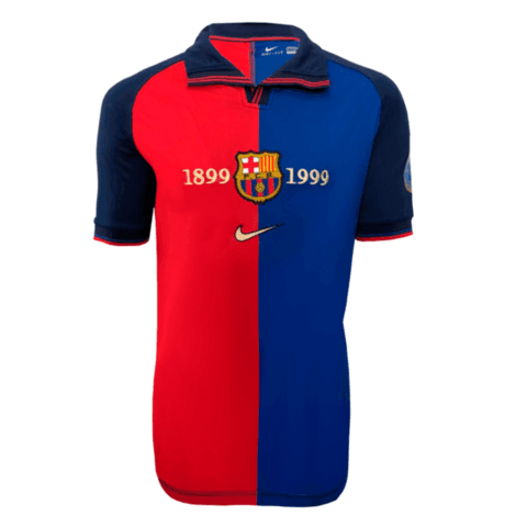 Camisa retro Barcelona Centenário 1999 com cores azul e vermelha, destacando o logotipo da Nike.