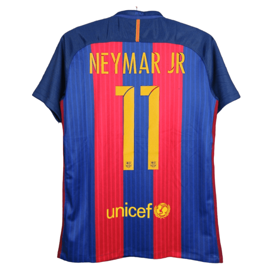 Camiseta Barcelona home 16/17 retro, Neymar Jr #11, detalhes em azul e vermelho, logo UNICEF.