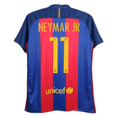 Camiseta Barcelona home 16/17 retro, Neymar Jr #11, detalhes em azul e vermelho, logo UNICEF.