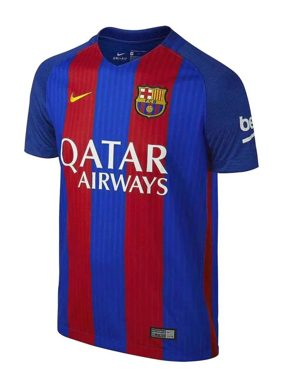 Camisa Barcelona Retro 16/17 do Olympico, estilizada nas cores azul e vermelho, com logo e patrocinador Qatar Airways.