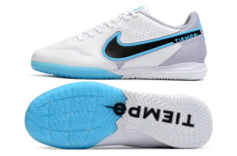 Chuteira Futsal Nike Tiempo Legend 9 Elite IC Branco e Azul, ideal para jogos em quadra.