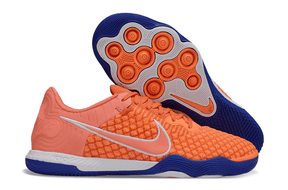 Chuteira Futsal Nike React Gato IC - Laranja, Branca e Azul, vista lateral e inferior.