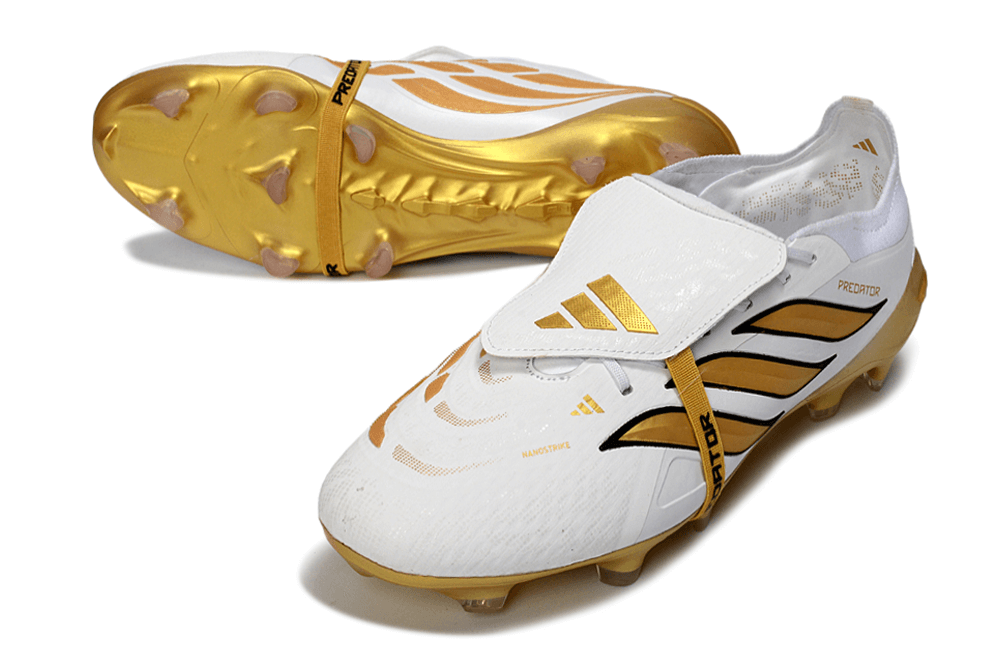 Chuteira Adidas Predator Elite FG 26 - "Finishers Steel" Branca e Dourada