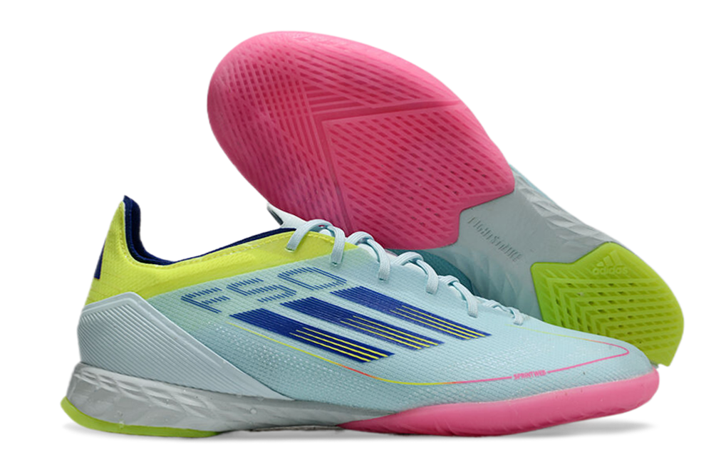 Chuteira Futsal Adidas F50 IC Azul, Rosa e Amarelo