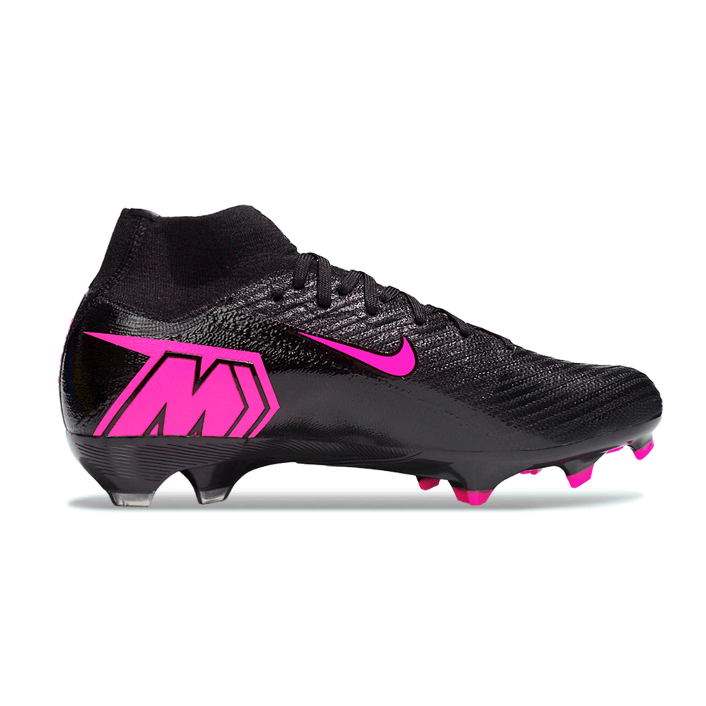 Chuteira Nike Air Zoom Mercurial Superfly 10 Elite FG Preta e Rosa lateral com detalhes em rosa