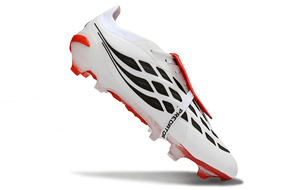 Chuteira Adidas Predator Elite FG com design branco e detalhes em vermelho, ideal para desempenho em campo.