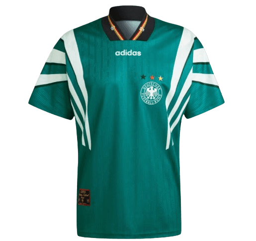 Camisola Alemanha Retro 1996 em verde, fabricada pela Adidas, com design icônico e detalhes das estrelas.
