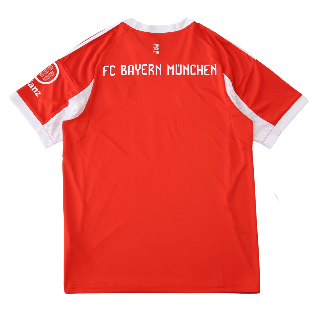 Camisola Bayern Munique Home 2025/26 vista traseira, vermelho com detalhes brancos e logotipo do time.