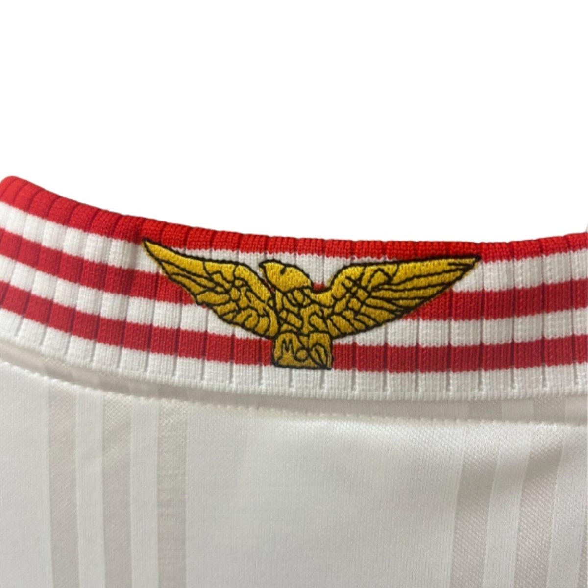 Detalhe da gola da Camisola Benfica Alternativa 97/98, com bordado dourado e listras vermelhas.