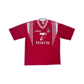 Camisola Benfica Principal 97/98, camiseta vermelha da equipe, com logo do patrocinador e detalhes em branco.