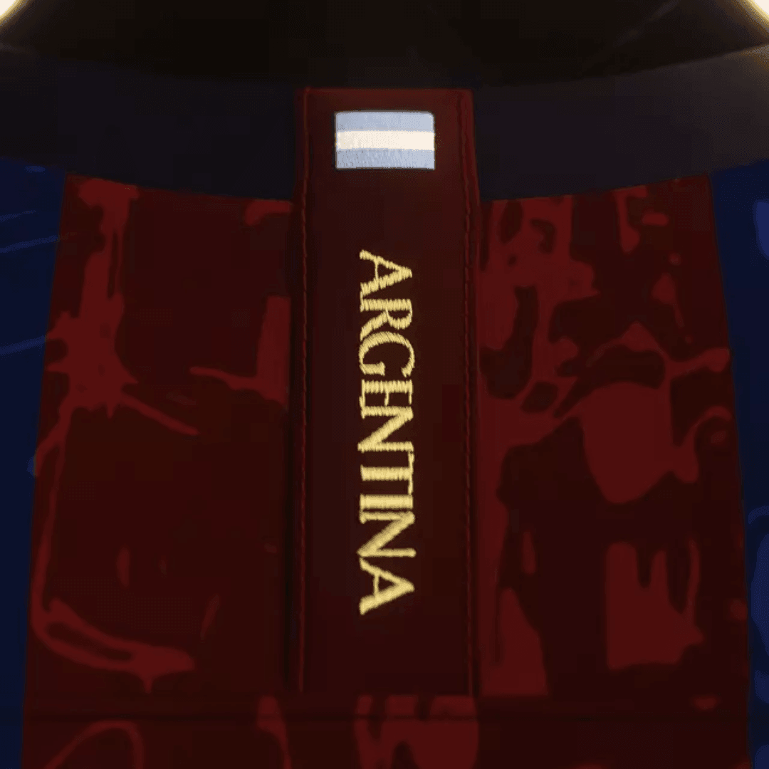 Lendas do Barcelona "La Pulga 10" 24/25 - detalhe da etiqueta com a palavra ARGENTINA em dourado.