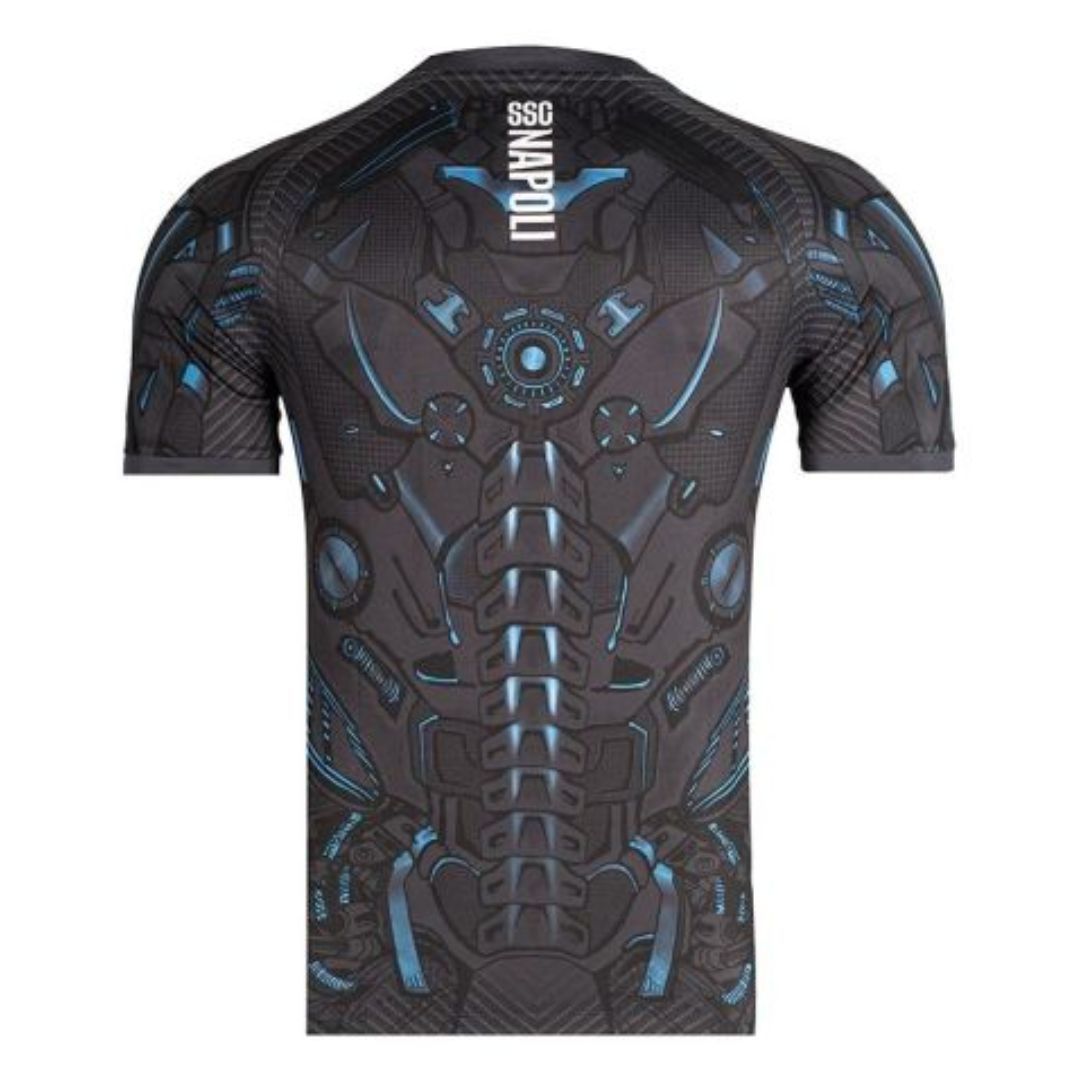 Camisolas Napoli treino 25/26, camiseta de futebol com design tecnológico e detalhes em azul.
