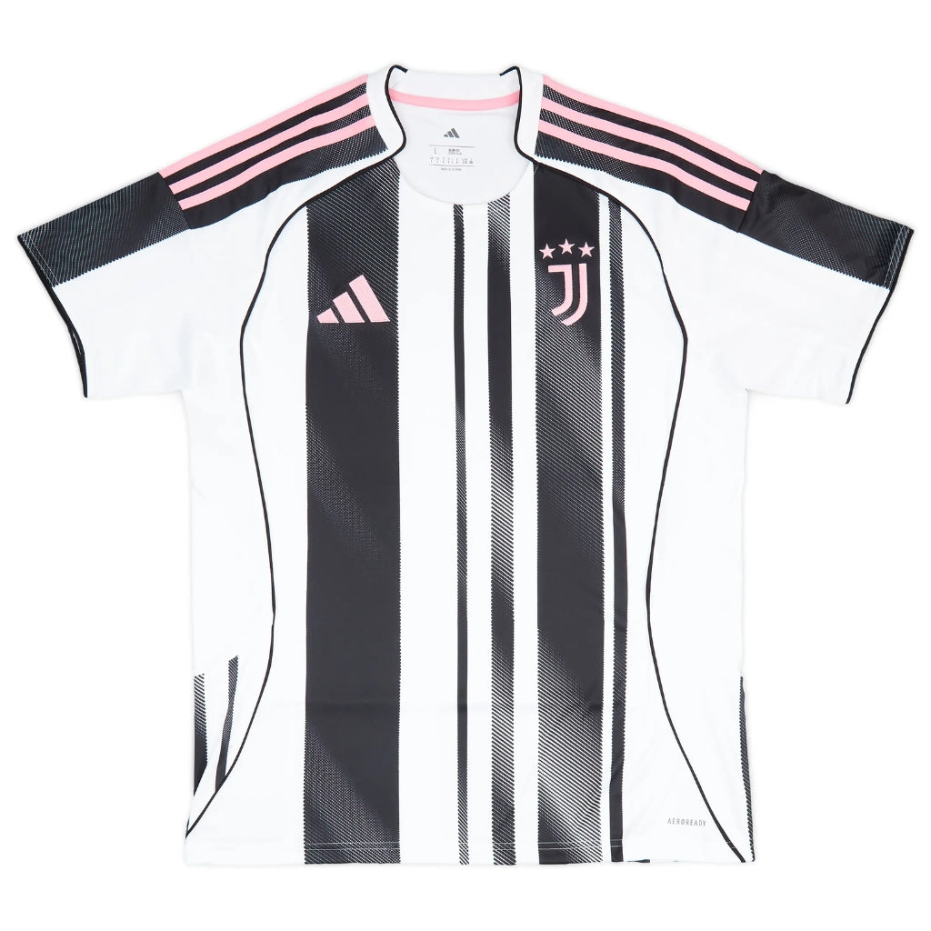 Camisola Juventus Home 2025/26 com listras pretas e brancas, logo da Juventus em destaque.